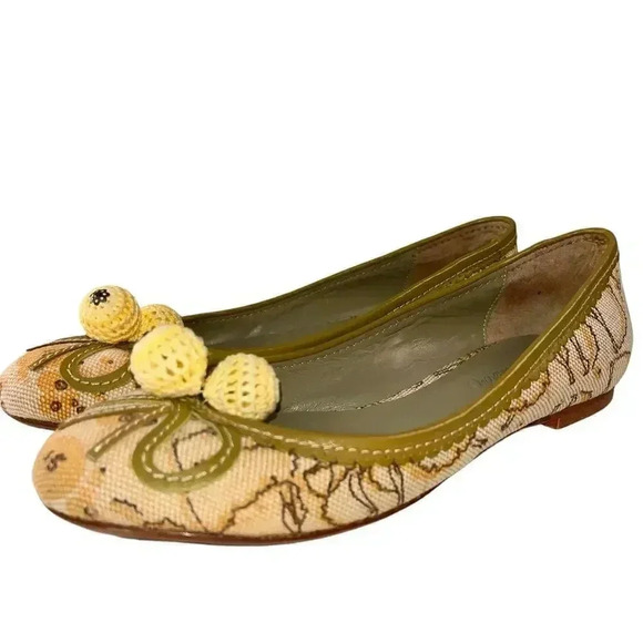 Laura Brandon Anthropologie Women's Canvas Yellow Sage Pom Pom Ballet Flats 7 - Picture 6 of 7